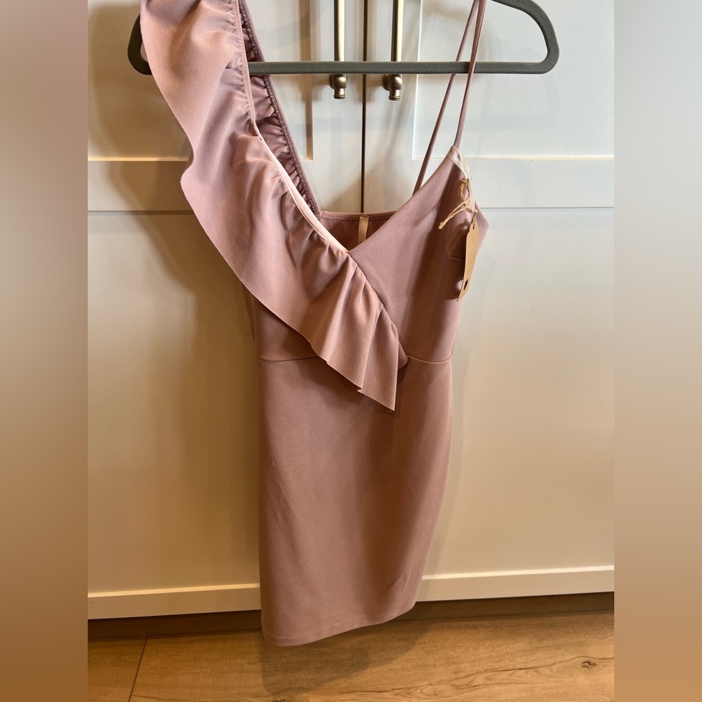 One shoulder pinkish taupe dress